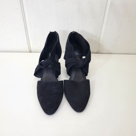 Eileen Fisher Black Suede Pointed Toe Ankle Heels With Bow Strap & Zipper Closur - Picture 8 of 8